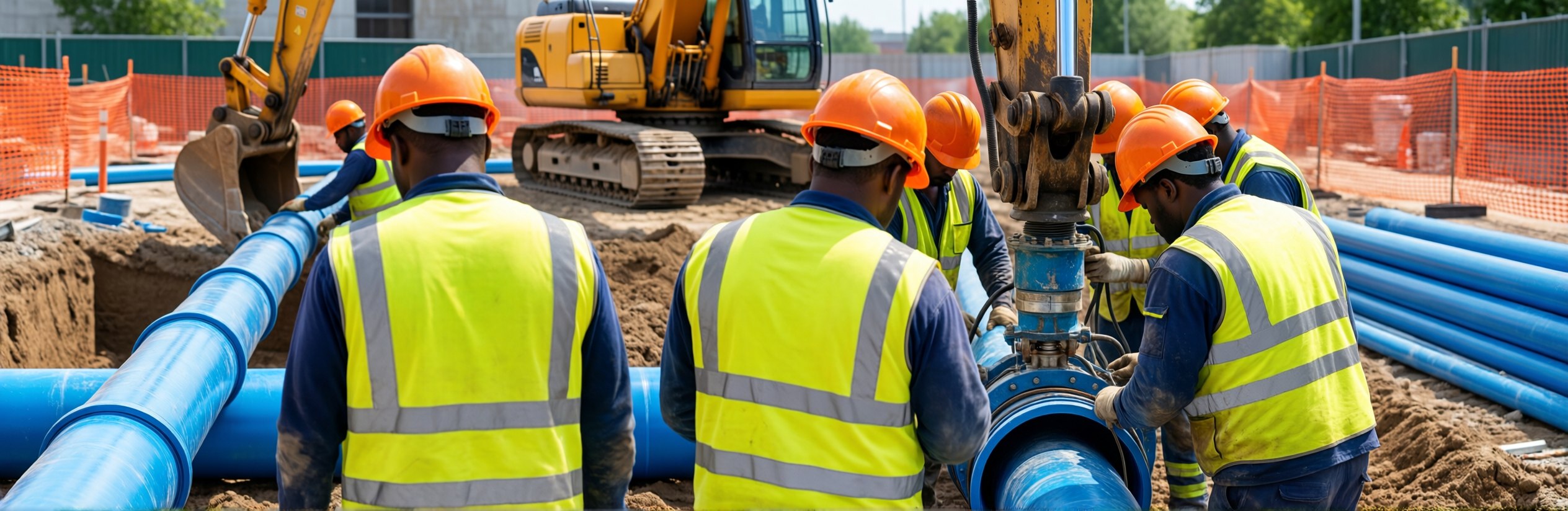 Field crew connecting a water main fitting on a residential street.