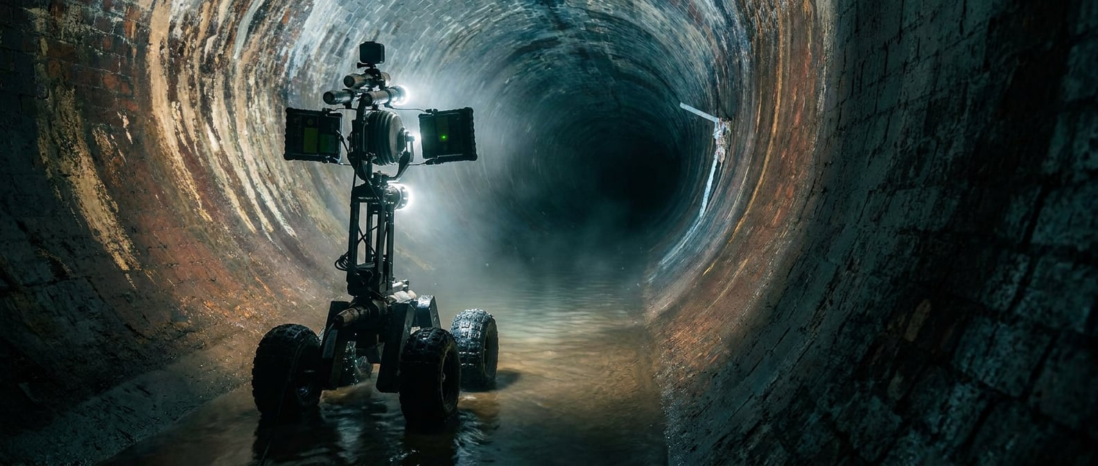 CCTV inspection crawler inside a brick sewer main.