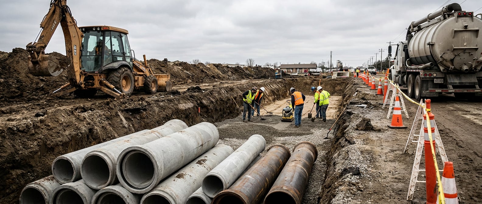 Pipe crew on a multi-day water and sewer install.